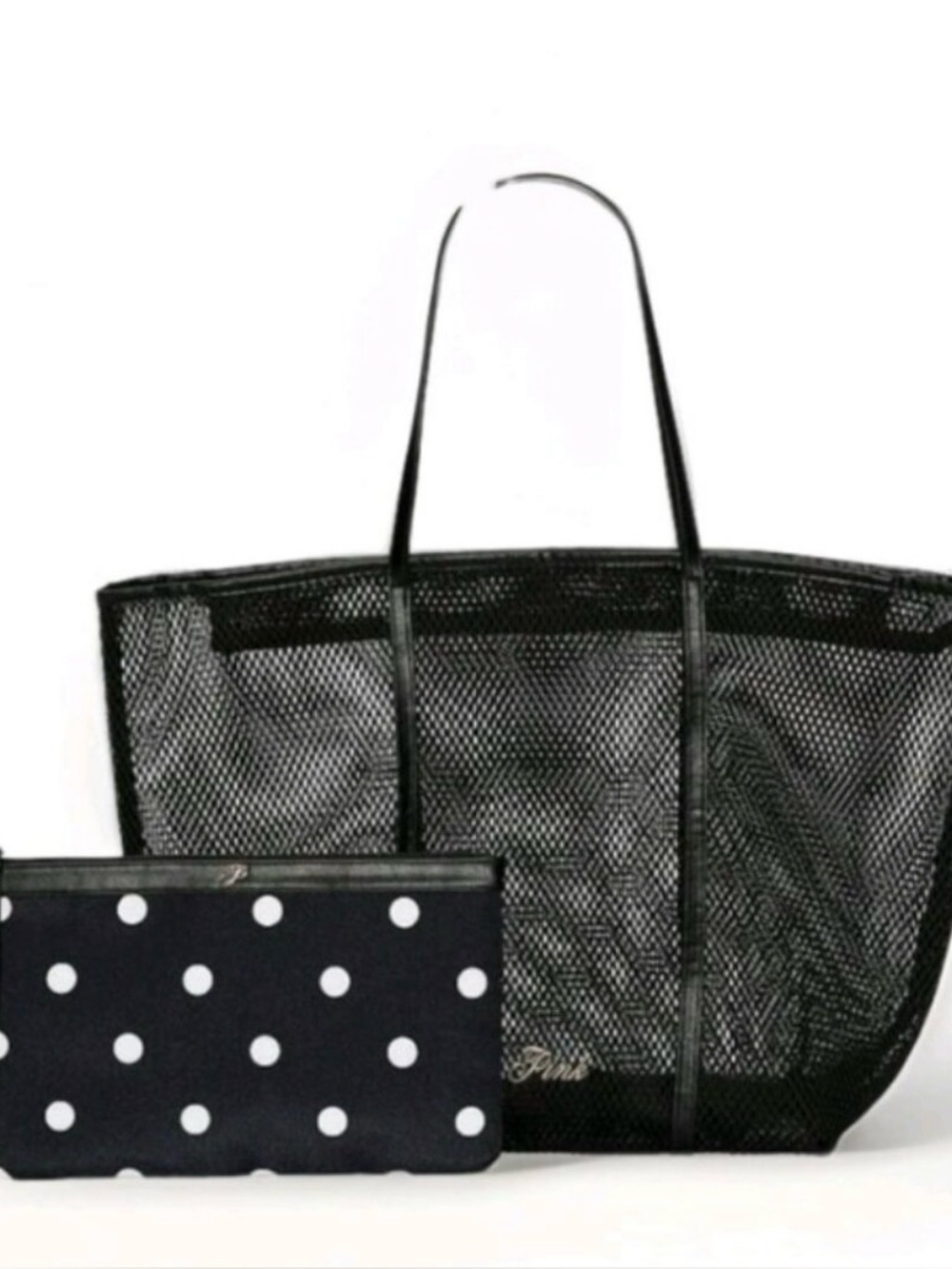 Victoria's Secret Black Mesh Tote with Polka Dot Pouch